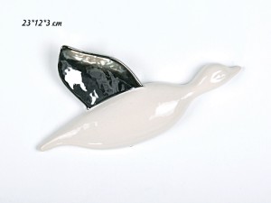 Wand-Deko Vögel aus Keramik, Weiß mit Silberflgel, 23 cm