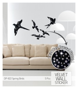 Wandtattoo aus Samt "Birds" mit Kristallsteinen